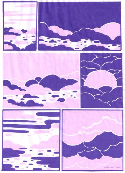Multiple abstract landscapes illustrated in pink and purple colors.