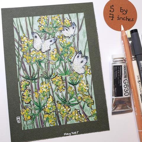 A small illustrative style drawing of three cabbage white butterflies on yellow flowers with a green background.
The large white, also known as the Cabbage White is a common, large, white butterfly that is often spotted flying slowly over cabbage patches in gardens, allotments and farmland. Adults fly between April and October.
An original art work
Colour pencil and mixed media on acid free toned artist paper
5 by 7 inches (12.7 by 17.8 cm).
Sold unframed