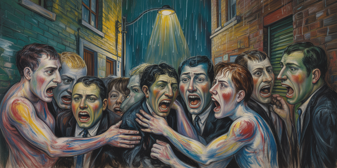 An expressionistic illustration in the style of Edvard Munch depicts "A Fragmented Debate," showcasing a tense crowd of diverse individuals engaged in a heated argument within a claustrophobic urban alleyway. The figures are rendered with elongated, distorted limbs and exaggerated facial expressions, their forms bleeding into each other with swirling lines of crimson, deep blues, and sickly yellows to convey emotional turmoil. Rain streaks down the grimy brick walls of the alley, reflecting the harsh, flickering light from a single street lamp above, casting long, dramatic shadows that emphasize the fragmented nature of the scene. Sharp, jagged angles dominate the composition, amplifying the sense of unease and highlighting the chaotic energy of the fractured discussion.