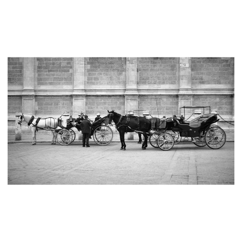 This is a black and white landscape format image of horses and open carriages waiting for tourists to take rides. Taken side on, there are three carriages, with two of the horses visible. They are lined up facing to the left from the viewer's perspective. The carriage drivers are talking to each other while they wait for customers, two sat in one of the carriages with the third standing. Behind is that stone wall of Seville cathedral.