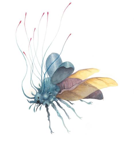 a blue beetle in flight with loads of spines growing from the head and thorax which glow red at the ends. The wings are yellow and the body is dark pink.