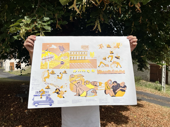 Photo de l’affiche collective composée de plusieurs illustrations et textes sur l’itinéraire de Rosetta et de WafWafel