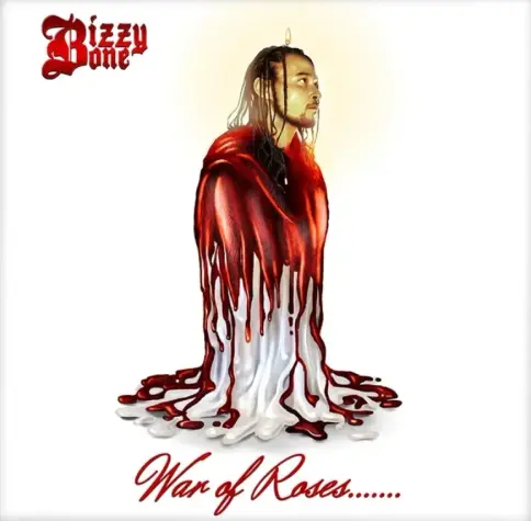 Album cover for War of Roses by Bizzy Bone. The artwork features a striking surreal image of Bizzy Bone’s upper body emerging from a melting candle. His head is lit like a burning wick, glowing with a halo-like flame. The candle’s wax drips in vivid red and white, resembling both melted candle wax and flowing blood, creating a haunting blend of light and sacrifice. The background is pure white, making the central image stand out starkly. In gothic script, the name Bizzy Bone appears in the top left corner, while the album title War of Roses… is written below in elegant red cursive. The imagery evokes themes of martyrdom, pain, and transformation.