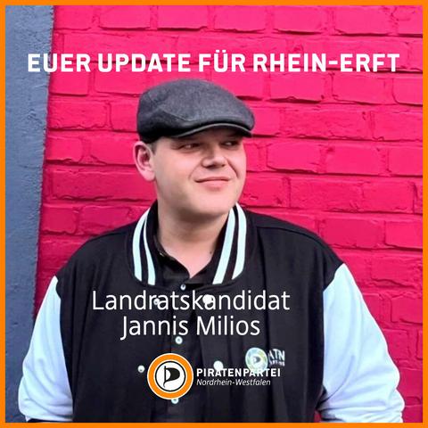 Bildtext: Euer Update für Rhein-Erft. Landratskandidat Jannis Milios.
Piratenpartei Nordrhein-Westfalen.
Bild: Foto von Jannis Milios.