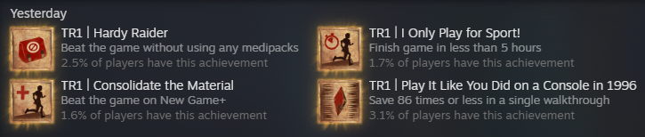 A screencap of Steam achievements for Tomb Raider 1 Remastered. They are the following:
Yesterday
TR1 Hardy Raider: Beat the game without using any medipacks.
TR1 I Only Play for Sport!: Finish the game in less than 5 hours
TR1 Consolidate the Material: Beat the game on New Game+
TR1 Play It Like You Did on a Console in 1996: Save 86 times or less in a single walkthrough.