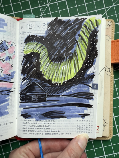 A sketch of the same landscape at night with the northern lights overhead