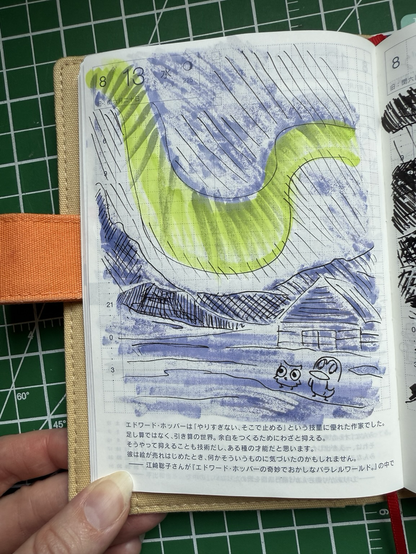 The reverse image of the previous landscape created by sketching with pen over the bleed through from the previous page (a cartoon Owl and Penguin are looking up at the sky)