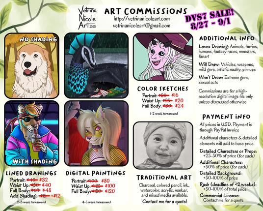 A picture of my art commission price sheet with everything at 20% off. Starting at $32-$48 USD for lined drawings, $80-$120 USD for digital paintings, and $16-24 USD for colored sketches. Sale ends on September 1, 2025. For the full text version, visit vetrinanicoleart.com/#commissions or you can message me for prices or quotes.