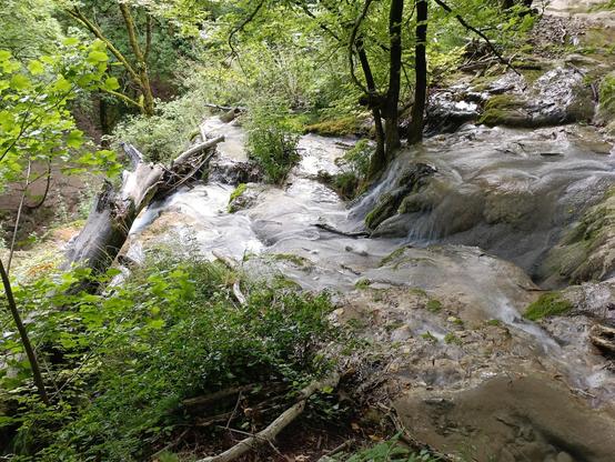 La même cascade vue du haut, avec l'eau qui dévale sur un lit de roches calcaires arrondies. De la végétation autour.