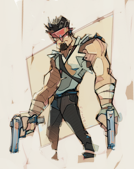 An illustration of the titular protagonist of the 2010 game Shank by Klei Entertainment. He has slightly spiky, short dark hair under a red bandana, a goatee, and a wide jaw. He is wielding dual pistols with his exaggeratedly beefy arms, here pointed downwards. Straps form an X across his chest, and his light shirt is ripped to be sleeveless.