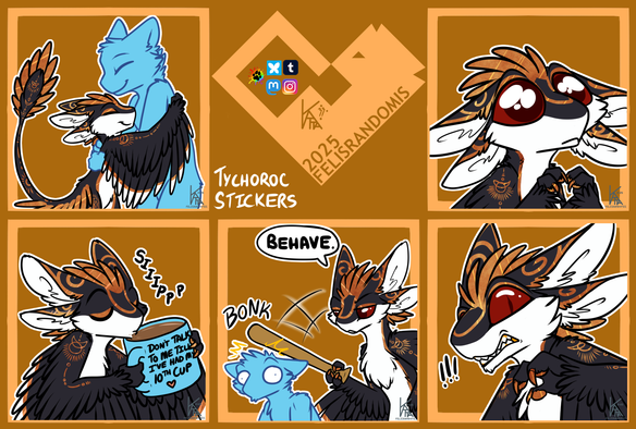 Digital art of an avali character made for telegram/discord stickers. Hugging a larger YCH, sipping a very large cup of coffee, bonking a YCH on the head with a bat saying "behave", cringing, and big ole puppy eyes begging.