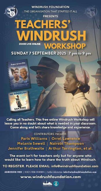 A poster advertising a Windrush Foundation event for teachers. Main image is of a man and woman in profile in 1950s fashion. Alluding passengers from the Carribbean recently arrived on the Empire Windrush.