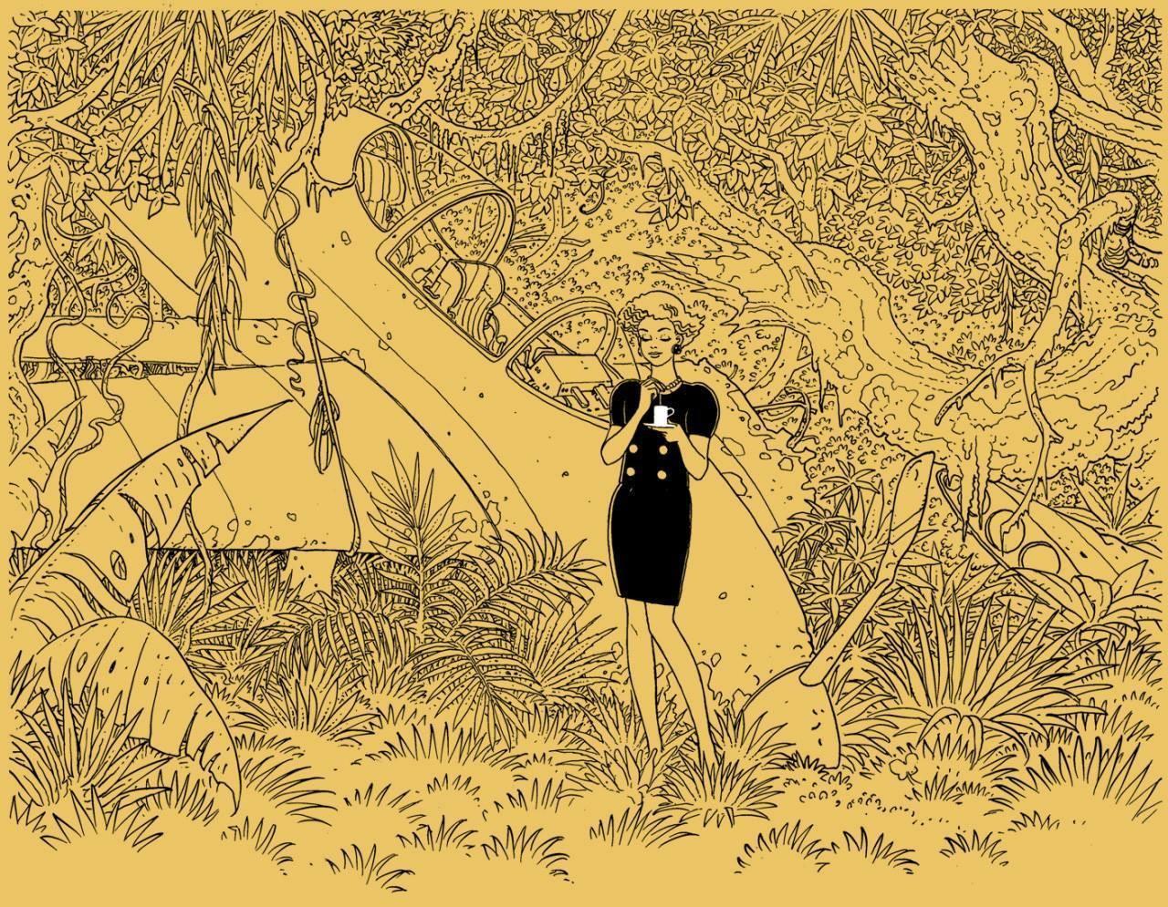 A woman is drinking a cup of coffee. She is in the middle of a jungle, standing in front of a crashed airplane.