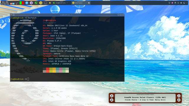 Screenshot of KDE Plasma desktop with the taskbar at the top of the screen.  A transparent window is open with Neofetch data showing and a small media player is open playing music from SomaFM.  

Background/wallpaper is a bright painting of a sandy beach.