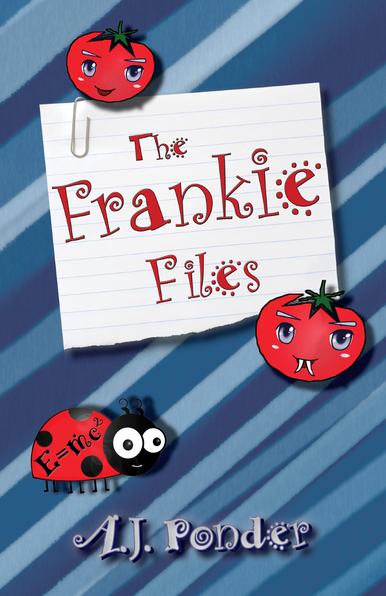 The Frankie Files in AR whacky Herman font on a piece of notepaper with two cute tomato monsters and a black-spotted red ladybird with "E=MC squared" - all on a striped blue cover. 
Author: A.J. Ponder