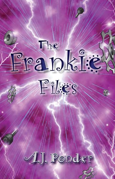 The original cover of "The Frankie Files " with lightning and bolts and gears flying everywhere from a central explosion on a purple/pink background/