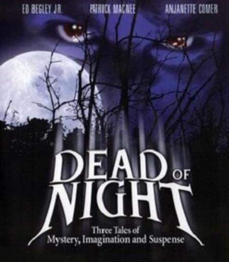 The ad for the TV movie Dead of Night (1977) shows part of a face and reddish-brown eyes looming purple in the night sky behind a rising full moon, with a dark forest and the movie's title in the foreground, and the bottom tagline "Three Tales of Mystery, Imagination and Suspense"