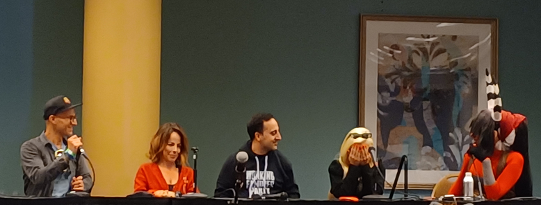 Helluva Hotel Q&A. Left to right: Eric Schwartz (Chas, HB, bonus guest), Leslie Rodriguez Kritzer (Rosie, HH), Amir Talai (Alastor, HH), Georgie Leahy (Stella, HB), Morgana Ignis (cosplaying as Sallie Mae, HB).