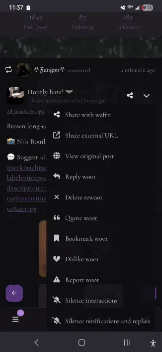 A mobile Wafrn screenshot of a custom theme.