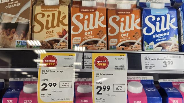 Photo of cartons of Silk brand oat creamer in special limiged edition fall flavors in the dairy section of Sobeys, a Canadian grocery chain. The price sticker hanging below off the shelf says, Special Offer, Now 2.99.
The flavors shown here are Maple Brown Sugar with a cream coloured carton, and Pumpkin Spice, with a burnt orange carton.