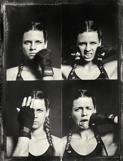 4 portraits on a single glass plate with silly faces by a female kickboxer