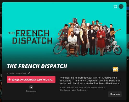 The French Dispatch een film van Wes Anderson werd uitgezonden door de VRT