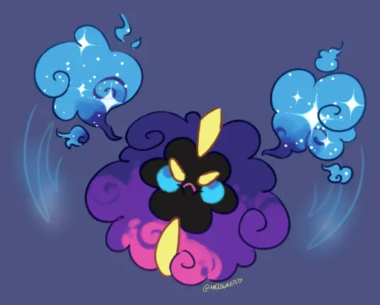 A colored doodle of a grumpy Cosmog from Pokemon flailing it's...arms?