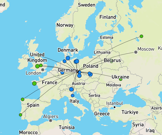 A map of Europe with amateur radio connections shown