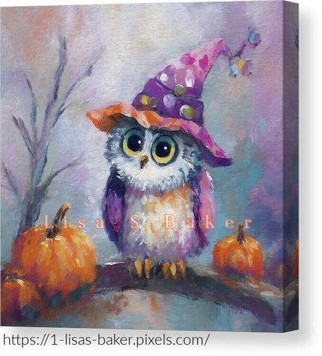 Cute Witchy Owl / Bird Art by Lisa S Baker. A cute owl dressed in a whimsical witch hat stands atop a branch, surrounded by small pumpkins. The vibrant colors and playful expression of the owl create a whimsical and enchanting scene. The backdrop features ethereal pastel hues, enhancing the magical atmosphere.