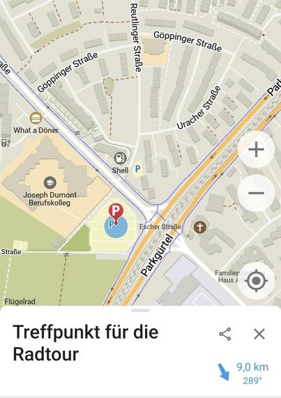 Stadtplan-Ausschnitt von OrganicMaps, zeigt den Treffpunkt für die Fahrradtour, Parkplatz nahe Haltestelle Escher Straße, Köln