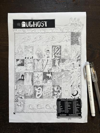 A calendar sheet with daily ghost illustrations for Aughost, drawn one in each square.