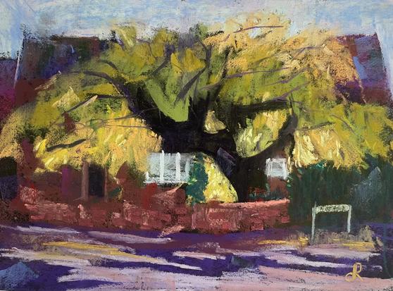 Pastel painting of a backlit tree standing in front of a house