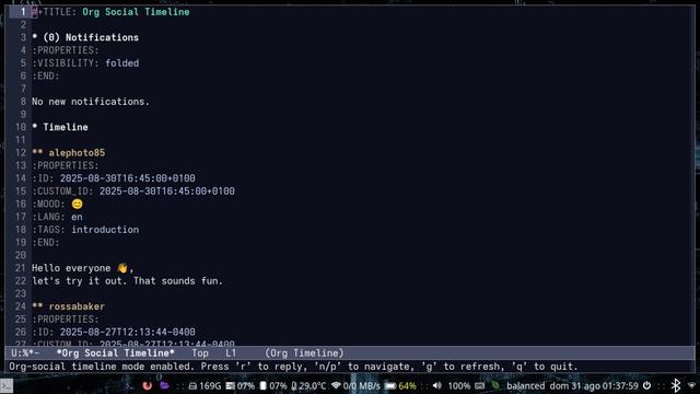 Schermata del client orgsocial.el in esecuzione su GNU/Emacs.

Si vede il mio primo post
