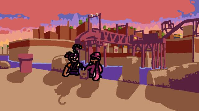 Art of my Splatoon OC Amelia and Callie at Bluefin Depot, both reaching into a paper bag with food inside. They turn their heads to eachother and smile, enjoying the beauty of the setting sun in eachother's company.