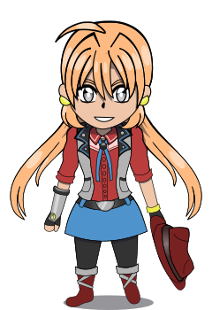 A chibi overworld “sprite” of Kiah (OS X 10.10 Yosemite/OS X 10.11 El Capitan). She has silver eyes, has long orange hair that fans out and is wearing a cowgirl outfit. She is wearing a dark red cowboy hat, a two-tone red shirt with a blue bolo tie, a silver and black vest, a blue denim miniskirt with black leggings, and dark red hiking boots with gray X-shaped straps. She is wearing a CC insignia pin to hold her tie together, a black belt with a half circle-shaped buckle, a black and silver gauntlet on her right arm, a black and yellow fingerless glove on her left hand, and is wearing yellow half-circle shaped earrings.