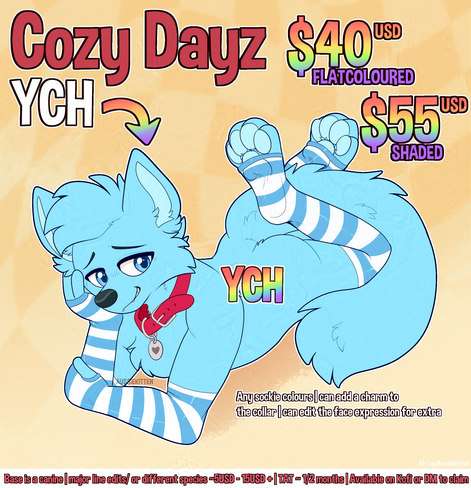 A blue YCH (Your Character Here) Canine laying down with blue and white striped sockies on looking comfortable and cozy. They also have a collar on. This is a YCH opening where you can commission me to draw your character in this pose.