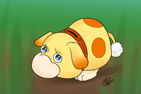 Oatchi, the space dog companion from Pikmin 4, looking at the viewer with sad eyes. Did it pee on the carpet? Is it feeling great shame? Poor doggie!