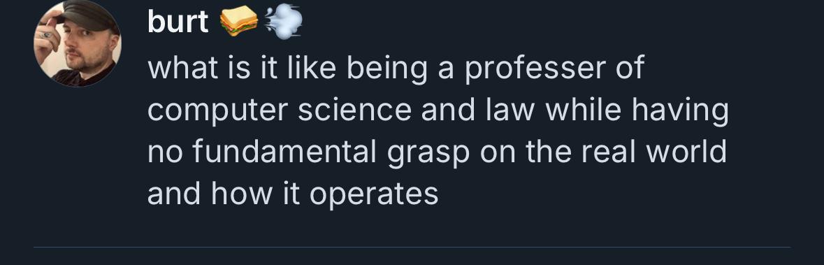 Quote of a trollish post: what is it like being a professer of computer science and law while having no fundamental grasp on the real world and how it operates