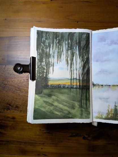 This is a watercolor  landscape painting in portrait orientation in a Bella Classica Art Journal with Arches Coldpress watercolor paper. The sky is a light blue with some clouds. At the sky line there are some distance hills and farm land (in pale blue and light dull greens) with a swash of vibrant yellow topped field. Then a stretch of lawn with shadows from the surrounding trees. The foreground from the top draping down to the lawn are various lengths of willow branches that frame the painting.