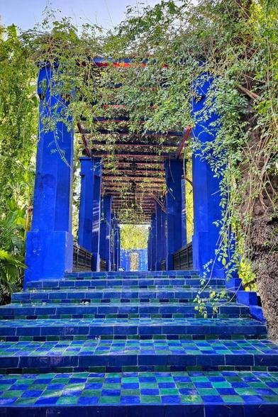 A vertical, eye-level shot of a vibrant blue staircase leading up to an arched walkway, also painted in the same striking blue. The steps are tiled with a mosaic of blue and green squares. Lush green foliage drapes over the top of the structure, partially obscuring the view.