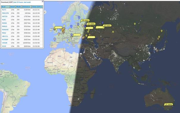 Map of stations hearing GW0NGA on JT9 17m