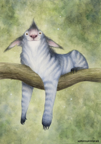 print showing a bluegrey and dark grey striped creature sitting on a tree branch. it hs long pointed years and looks like it is smiling. It seems part bear/part big cat.