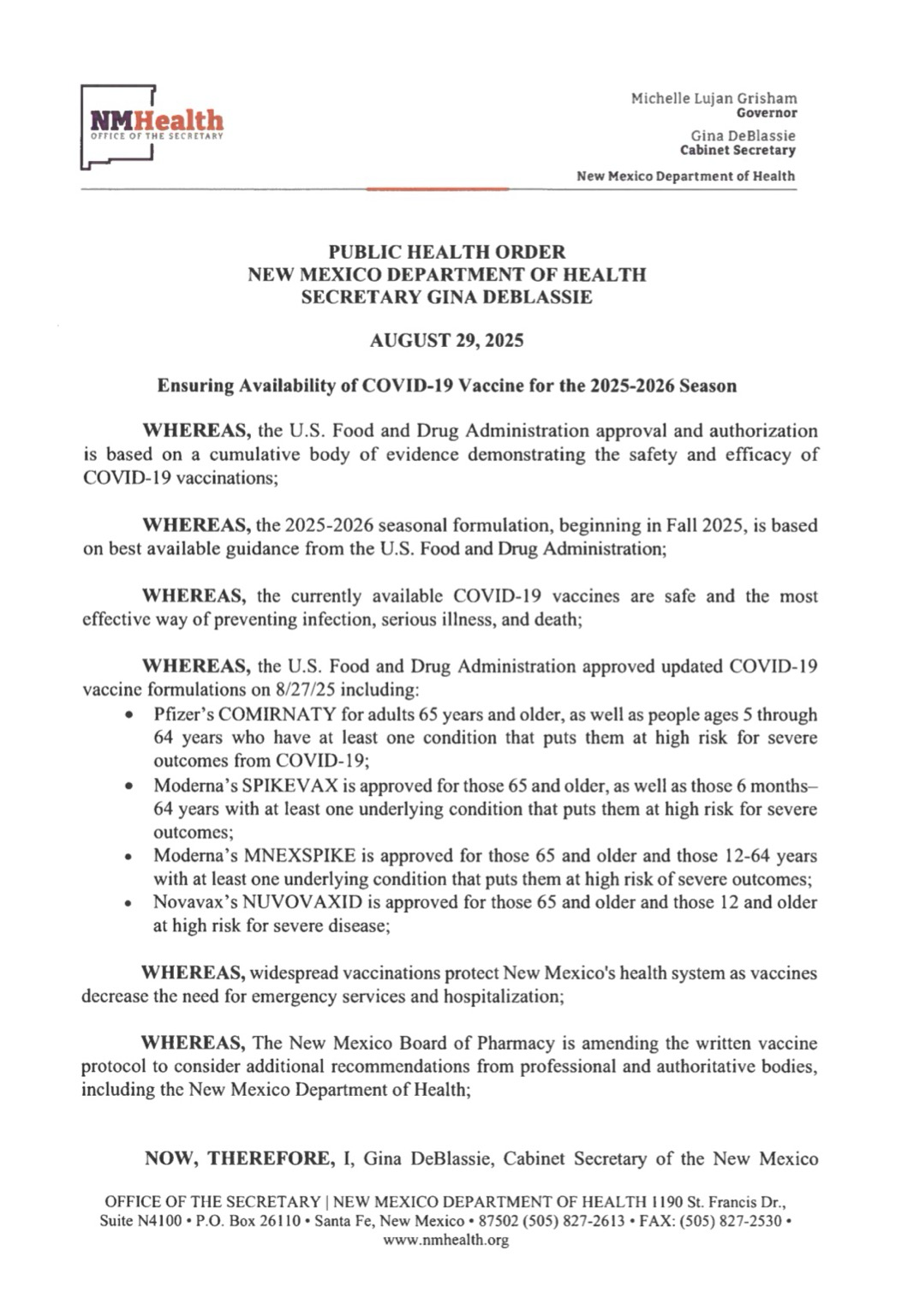PUBLIC HEALTH ORDER NEW MEXICO DEPARTMENT OF HEALTH SECRETARY GINA DEBLASSIE AUGUST 29, 2025 Ensuring Availability of COVID-19 Vaccine for the 2025-2026 Season