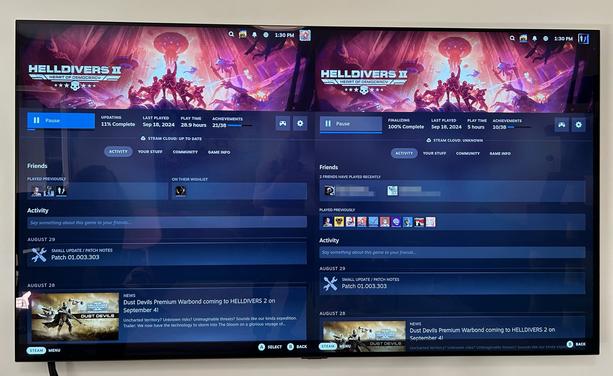 A TV running two instances of steam big-picture mode side by side. Both are downloading Helldivers 2.