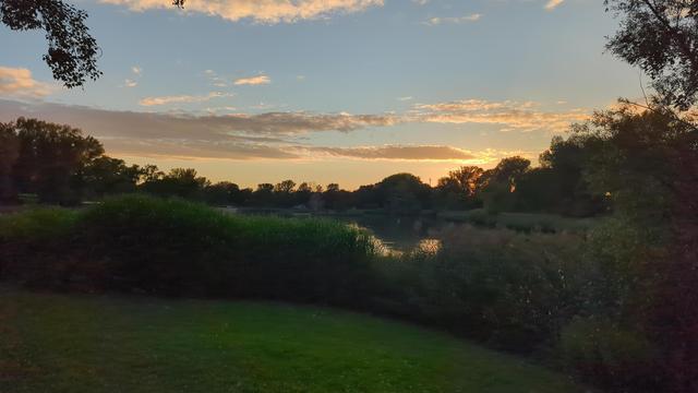 See und Wald im Dunkel, dahinter Himmel im Abendrot