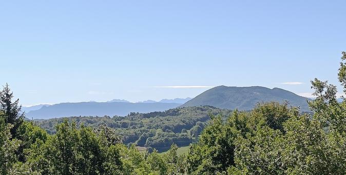 Vue large avec des arbres au premier plan, puis une colline et une montagne boisées et à l'horizon, le profil net de plusieurs chaînes de montagnes successives.