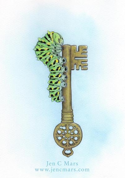 Illustration of a pale green, yellow and black swallowtail caterpillar clinging to an old ornate brass key against a blue wash background