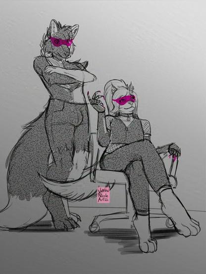 A black & white digital sketch of two of my OCs, Basilisk and Vetrina. Vetrina is a caracal cat furry with a large scene ponytail and metal cyber-arms. She's wearing a black cropped hooded vest, a fishnet top, black pants, and magenta-tinted glasses. She's sitting in a chair in a mildly threatening pose, showing off her claws that are dripping with poison. Her expression is smug and looks like she's daring someone off-screen to try something. Basilisk is standing behind her with his arms crossed, glaring at the person off-screen. He's a wolf furry with a fluffy chest and large fluffy tail. He's wearing ripped shorts and magenta-tinted glasses. The camera is set at a low angle, and the background is grey.