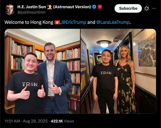 photo of Eric & Lara trump in Hong Kong with chinese crypto billionaire scammer Justin Sun a few days ago