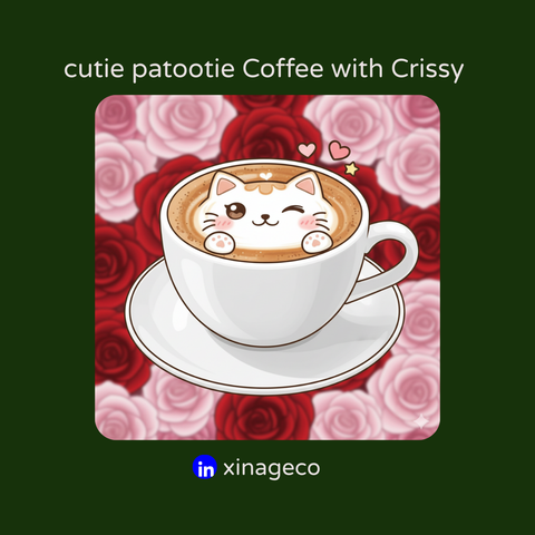 dark green poster with caption "cutie patootie Coffee with Crissy" on top and the LinkedIn logo with "xinageco" at the bottom. Image is a cute cat latte art in a white cup and saucer. Behind are red and pink roses